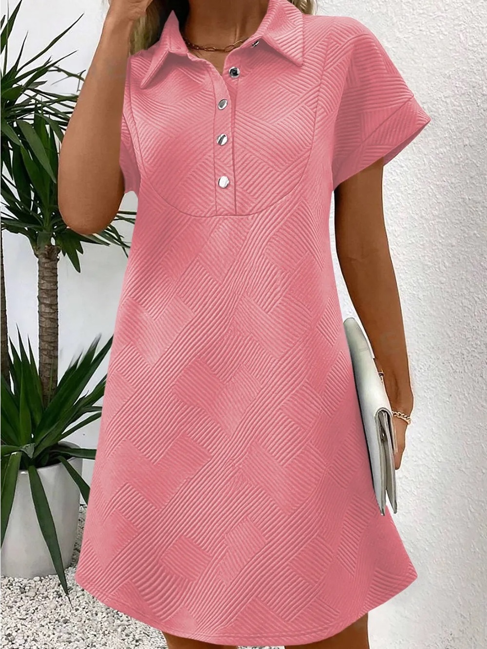 Textured Pink Collared Short-Sleeve Mini Dress